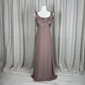 R&M Richards Dress Womens 14 Pink Sequin Floral Bodice Chiffon Maxi Evening Gown